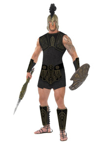 Achilles Costume Black Tunic Belt Gauntlets and Shin Guards