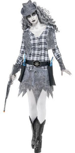 Ghost Town Cowgirl Costume Grey with Hat Waistcoat Belt and Dress