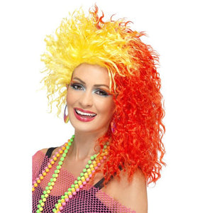 80's Fun Girl Crimp Wig Red & Yellow