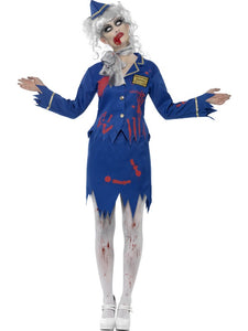 Zombie Air Hostess Costume Blue with Jacket Skirt Hat and Scarf