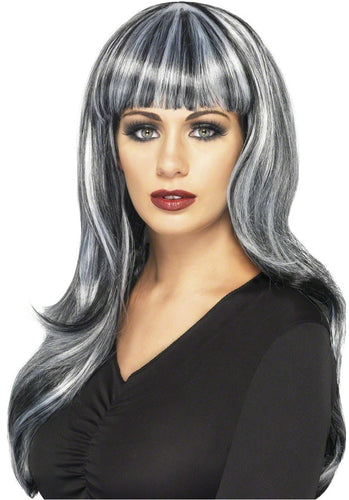 Sinister Siren Wig Black & Grey Long Wavy with Fringe & Grey Streaks