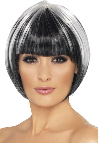Quirky Bob Wig Black with White Streaks