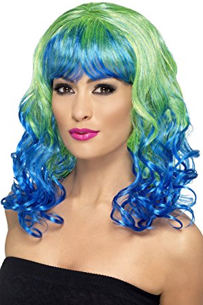 Divatastic Wig Curly Green and Blue with Blue Fringe