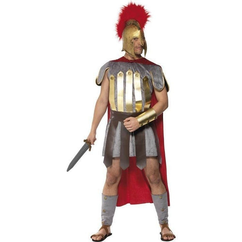 Deluxe Roman Warrior Costume Red & Grey Tabard with Cape Arm and Leg Cuffs Armour Skirt
