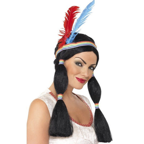 Native American Inspired Princess Wig Black Long with Bunches with Headband and Feathers